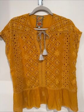 Johnny Was Golden Mustard Eyelet Embroidered Tassel Tunic